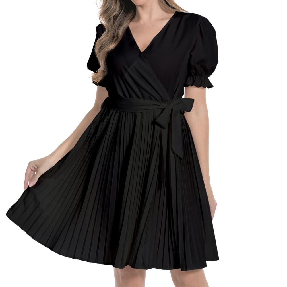 V Neck Short Sleeve Waist Tie Ruffled Pleated Swing Black Dress, 15F-203D005